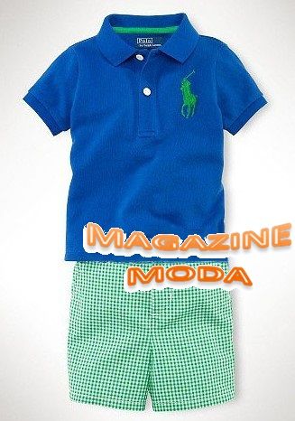 camisa azul + verde verificado calças curtas